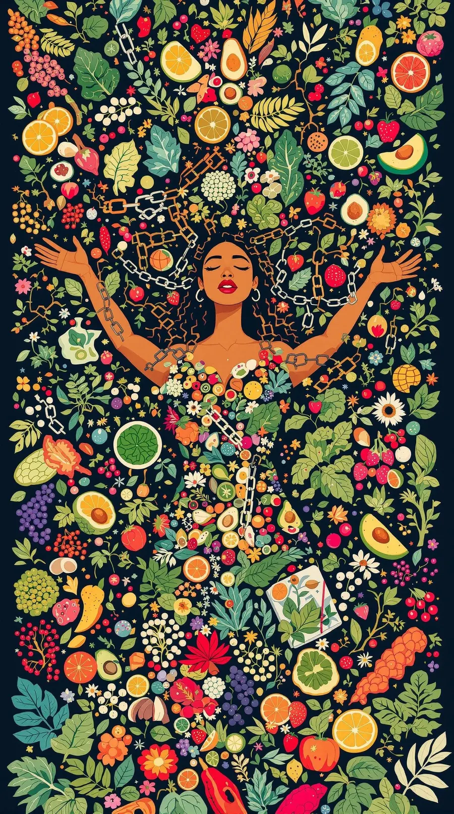 AI-generated artwork of a woman surrounded by vivid fruit and botanicals
